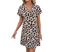 SweatyRocks Blusenkleid Damen Sommer Midi Shirtkleid Sommerkleid Knielang Leoparden Kleid Strandkleid Luftig Tunikakleid Leo Tshirt Kleid V Ausschnitt-Leo M
