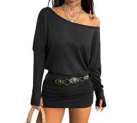 SweatyRocks Bodycon Kleid Damen Langarm Shirtkleid Off Shoulder Minikleid Sexy Winterkleid Damenkleid Herbst Outfit Winter Mode Schwarz S