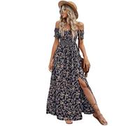 SweatyRocks Damen A Linien Kleid Off Shoulder Freizeitkleid Floral Sommerkleid Casual Blumenkleid Urlaub Kleider Maxikleid mit Schlitz Schwarz S