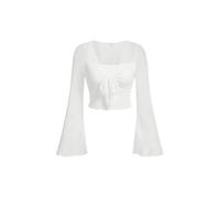SweatyRocks Damen Bauchfreies Oberteil V Ausschnitt Lässig Langarm T-Shirts Crop Tops mit Glockenärmeln Weiß M