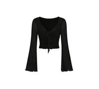 SweatyRocks Damen Bauchfreies Oberteil V Ausschnitt Lässig Langarm T-Shirts Crop Tops mit Glockenärmeln Schwarz XS