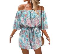 SweatyRocks Damen Boho Jumpsuit Kurz Romper Schulterfrei Hosenanzug Playsuits mit Paisley Muster Off Shoulder Overall Urlaub Outfits Grün M