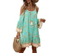 SweatyRocks Damen Boho Kleid Kurz Blumenkleid Cold Shoulder Sommerkleid Locker Minikleid Elegant Urlaubskleid Sommer Outfit Freizeitkleid Minzgrün XL