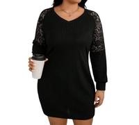SweatyRocks Damen Curvy Strickkleid Langarm Geripptes Kleid V-Ausschnitt Pulloverkleid mit Spitzen Elegant Freizeitkleid Große Größen Minikleid Schwarz 1XL