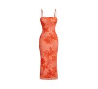 SweatyRocks Damen Elegant Kleid Spaghettiträger Blumenkleid Lang Geblümtes Sommerkleid Bodycon Midikleid Ärmellos Freizeitkleid aus Mesh Orange XS