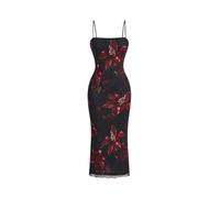 SweatyRocks Damen Elegant Kleid Spaghettiträger Blumenkleid Lang Geblümtes Sommerkleid Bodycon Midikleid Ärmellos Freizeitkleid aus Mesh Schwarz L