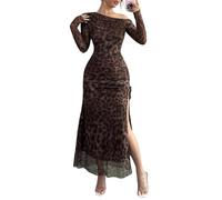 SweatyRocks Damen Leo Kleid Elegant Maxikleid Leoprint Kleider mit Schlitz Off-Shoulder Bodycon Kleider Langarm Partykleid Shulterfreies Meshkleid Leoparden L