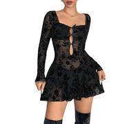 SweatyRocks Damen Minikleid Elegant Kurzes Mesh Kleid mit Spitze Langärmlig Rückenfreies Partykleid A-Linie Transparentes Kleider Festival Outfit Schwarz M