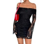 SweatyRocks Damen Spitze Kleid Elegant Off Shoulder Minikleid mit Spitzen Langarm Bodyconkelid Spitzekleid Schulterfreies Kleid Schwarz L