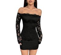 SweatyRocks Damen Spitzenkleid Elegant Off Shoulder Minikleid Langarm Kleid Bodycon Partykleid mit Spitze Figurbetontes Kleid Festival Outfit Schwarz M
