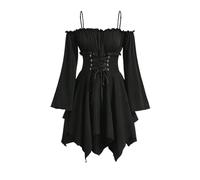 SweatyRocks Gothic Kleid Damen Langarm Herbstkleid Mit Korsett Minikleid Off Shoulder Kleid A Linie Mittelalter Kleidung Festival Outfit Schwarz M