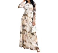 SweatyRocks Hochzeitsgast Kleid Damen Lang Maxikleider Abendkleider Elegant Langarm Kleid A Linie Herbstkleid Winterkleider Mit Batik Beige M