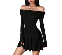 SweatyRocks Kleid Damen Elegant Off Shoulder Kleider A Linie Langarm Minikleid Freizeitkleid mit Rüschen Schulterfrei Partykleid Schwarz XL