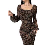 SweatyRocks Kleid Damen Lang Leo Kleider Figurbetontes Freizeitkleid mit Leopardenmuster Bodycon Langarmkleid mit U Ausschnitt Mesh Bleistiftkleid