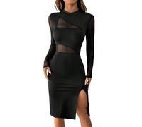 SweatyRocks Langarm Kleid Damen Elegant Festlich Herbstkleid Mesh Kleid Mit Schlitz Partykleid Abendkleid Cut Out Cocktailkleid Midikleid Schwarz S
