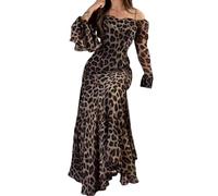 SweatyRocks Leo Kleid Damen Langarm Maxikleid Off Shoulder Kleid Mit Leoprint Winterkleider Abendkleider Elegant Ballkleider Abschlusskleid Leoparden S