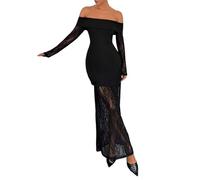 SweatyRocks Maxikleid Damen Elegant Kleider Hochzeitsgast Herbstkleid Off Shoulder Kleid Mit Spitze Langarm Kleid Lange Abendkleider Spitzenkleid Schwarz L