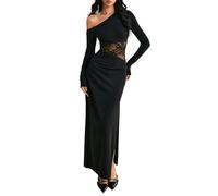 SweatyRocks Maxikleid Damen Elegant Langarm Off Shoulder Kleid Hochzeitsgast Spitzenkleid Bodycon Kleid Mit Schlitz Partykleid Winterkleid Schwarz XS