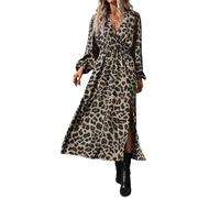 SweatyRocks Maxikleid Damen Langarm Leo Kleid Mit Schlitz Herbstkleid A Linie Wickelkleid Elegantes Leoparden Kleid Winter Party Outfit Khaki S