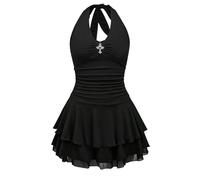 SweatyRocks Minikleid Damen Sexy Kurz Sommerkleid A Linie Y2k Neckholder Kleid Mit Halskette Gothic Kleid V Ausschnitt Partykleid Rückenfreie Kleider Schwarz S