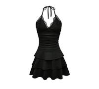 SweatyRocks Neckholder Kleid Damen Sommer Trägerkleid Partykleid Sommerkleid Mit Spitze Minikleid Mit Rüschen Kleid A Linie Kurz Elegant Damenkleider Schwarz M