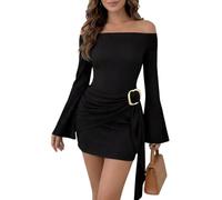 SweatyRocks Off Shoulder Kleid Damen Elegant Langarm Kleid Mit Dekor Partykleid Cocktailkleid Herbstkleid Minikleid Abendkleider Schwarz S