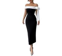 SweatyRocks Off Shoulder Kleid Damen Elegantes Maxikleid Hochzeitsgast Cocktailkleid Partykleid Schulterfreies Kleid Mit Schlitz Schwarz und Weiß M