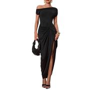 SweatyRocks Off Shoulder Kleid Damen Lange Kleider Elegant Maxikleid Hochzeitsgast Kleid Mit Schlitz Sommerkleider Abendkleid Cocktailkleid Schwarz M