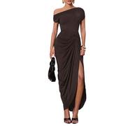 SweatyRocks Off Shoulder Kleid Damen Lange Kleider Elegant Maxikleid Hochzeitsgast Kleid Mit Schlitz Sommerkleider Abendkleid Cocktailkleid Kaffeebraun M