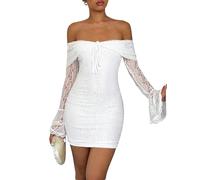 SweatyRocks Spitzenkleid Damen Festlich Kurz Hochzeitsgast Kleid Off Shoulder Minikleid Langarm Herbstkleid Mit Spitze Partykleid Elegante Kleider Weiß L