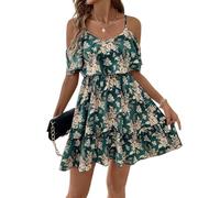 SweatyRocks Strandkleid Damen Luftig Kurz Sommerkleid A Linie Blumenkleid Schulterfreies Kleid Sommer Trägerkleid Strandkleider Minikleid Grün M