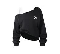 SweatyRocks Sweatshirt Mädchen 122-152 Pullover Teenager Off Shoulder Oberteil Strickpullover Mit Schleife Herbst Outfit Cutecore Langarmshirt Schwarz 12 Jahre