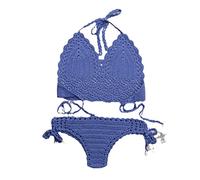 SWEPER Zweiteiliger Badeanzug Für Damen - Einlagiges Häkel-Bikini-Set, Damen-Badeanzug, Ausgehöhlter Badeanzug, Damen-Halfter, G-String, Tanga, Strandbekleidung, Badeanzug, Blau, L