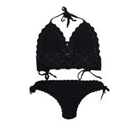 SWEPER Zweiteiliger Badeanzug Für Damen - Einlagiges Häkel-Bikini-Set, Damen-Badeanzug, Ausgehöhlter Badeanzug, Damen-Halfter, G-String, Tanga, Strandbekleidung, Badeanzug, Schwarz, L
