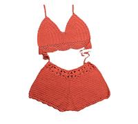 SWEPER Zweiteiliger Badeanzug Für Damen - Häkel-Bikini-Sets Für Damen, Sexy Bikinis, Gestrickter Häkel-Badeanzug, Damen-Bademode, Sommer-Badeanzug, Strandkleidung, Rostrot, L
