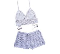 SWEPER Zweiteiliger Badeanzug Für Damen - Spaghettiträger, Häkel-Bikini-Set, Quaste Zum Stricken, Zweiteilig, Push-Up-Badeanzug, Neckholder, Bandage, Bademode, Strandbadeanzug, Bikinis, Hellblau, L
