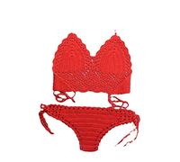 SWEPER Zweiteiliger Damen-Badeanzug - Einlagiger Gehäkelter Spaghettiträger-Bikini-Set, Damen-Badeanzug, Ausgehöhlter Badeanzug, Damen-Neckholder, G-String, Tanga, Strandmode, Badeanzug, Rot, XL
