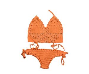 SWEPER Zweiteiliger Damen-Badeanzug - Einlagiger Gehäkelter Spaghettiträger-Bikini-Set, Damen-Badeanzug, Ausgehöhlter Badeanzug, Damen-Badeanzug, Neckholder, G-String, Tanga, Strandmode, Badeanzu