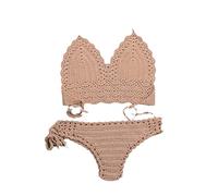 SWEPER Zweiteiliger Damen-Badeanzug - Modisches Einlagiges Häkel-Bikini-Set, Damen-Badeanzug, Ausgehöhlter Badeanzug, Damen-Badeanzug Mit Neckholder, G-String, Tanga, Strandmode, Khaki, XL