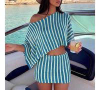 Swim Chiccia Damen 2 Stücke Y2K sexy oversized Off-Shoulder Langarm-Top und eng anliegender Minirock mit tiefer Taille, neues elegantes böhmisches Vin