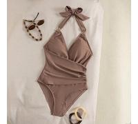 Swim Chiccia Neuankömmling Luxuriöser eleganter heller/milchbrauner Neckholder Badeanzug, sexy tiefer V-Ausschnitt Bikini mit exklusiver Goldring-Verz