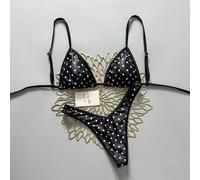 Swim MOD 2-teiliger Badeanzug, Schwarz & Weißes Polka Dot Zufallsmuster, Goldene Blumenverzierung, Neckholder-Dreieckstop und hoch geschnittene Tanga-