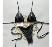 Swim SXY 2-teiliges Bikini-Set für Damen aus metallisch strukturiertem Stoff mit Goldring-Dekor, Dreiecks-BH und seitlich zu bindender Hose, sexy Bade