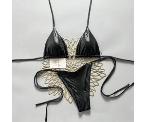 Swim SXY 2-teiliges Bikini-Set für Damen aus metallisch strukturiertem Stoff mit Goldring-Dekor, Dreiecks-BH und seitlich zu bindender Hose, sexy Bade