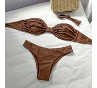 Swim Vcay 2 Stücke Bikini-Set, einfarbig, mit Seildekor, Bandeau-Oberteil und hochgeschnittenem Höschen, sexy Badeanzug-Set, Frühling/Sommer, brauner