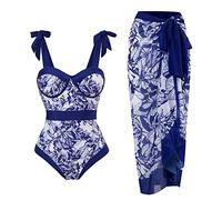 Swimsuit Mode Bedruckter Damen Zweiteiliger Badeanzug Bauchweg Einteiler Monokini mit Langes Maxi Rock Sarong Cover Up Vintage Tankini Schwimmanzug Badebekleidung für Sommer und Strand