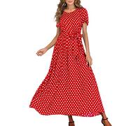 Swing Cocktailkleid Festliches Kleid Lang - Polka Dots Kleid Damen Rot - Kleid Mit Schleife Vorne - Kurzarm Wickelkleid A Linie Ballkleid Elegant Maxikleid Sommer Cocktailkleider Partykleid