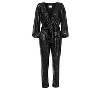 Swing Fashion Damen Elegant Jumpsuit | Festliches Party Glitzer Playsuit | Hosenanzug Romper Pailletten-Overall | V-Ausschnitt Langarm Schwarz | 38 (M)
