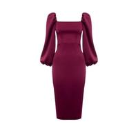 Swing Fashion Kastanienbraunes Bleistift-Midikleid aus Satin von Giselle mit Puffärmeln und einem Mock-Ausschnitt | Größe 34