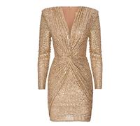 Swing Fashion Women's Dolores | Gold Minikleid Damen | Elegantes Festliches Partykleid | Abendkleid | Hochzeitskleider | Kurzkleid | Kleid mit Pailletten | V-Ausschnitt | Langarm 36 (S)